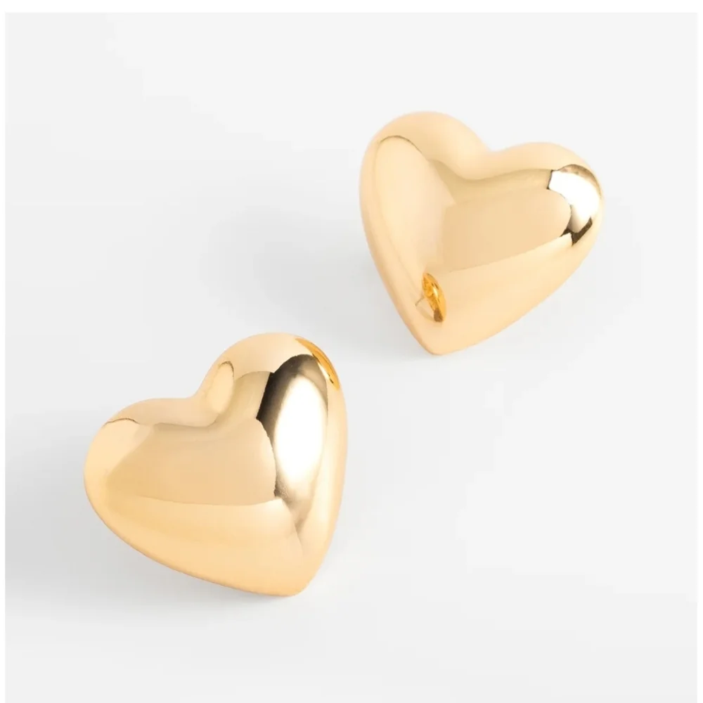 Gold Plated Puffy Heart Stud Earrings – Trendy & Chic - Picture 5 of 5